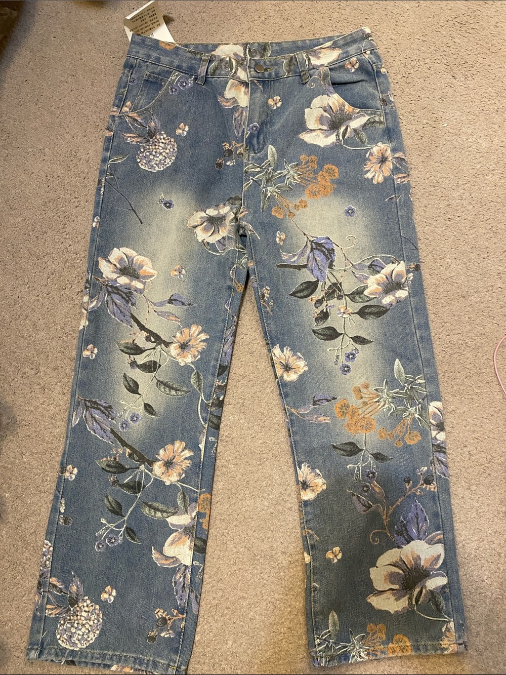 Amazon Floral-Print Light Blue Straight-Leg Jeans
